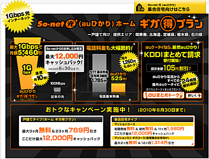 So-net光ファイバー(ひかりone)、キャッシュバックキャンペーン実施中